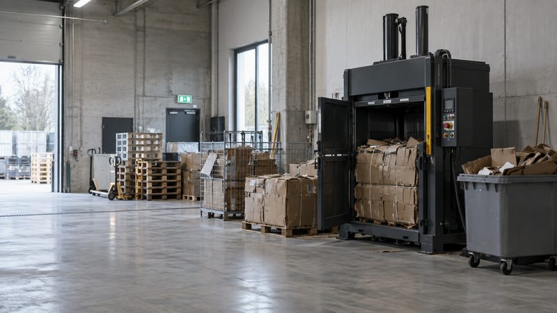 Visualisering: balpress i en ljus lagerlokal med utrymme runt maskinen.